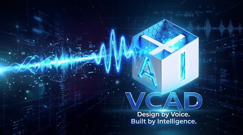 VCAD artwork: a voice waveform flowing into an AI cube, with the tagline Design by Voice, Built by Intelligence